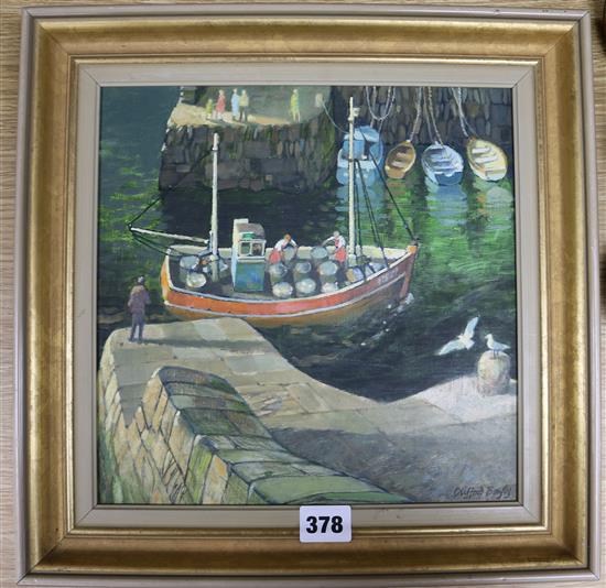 Clifford Bayly (1927-) oil on board, Cornish Harbour scene, signed 26 x 26cm.